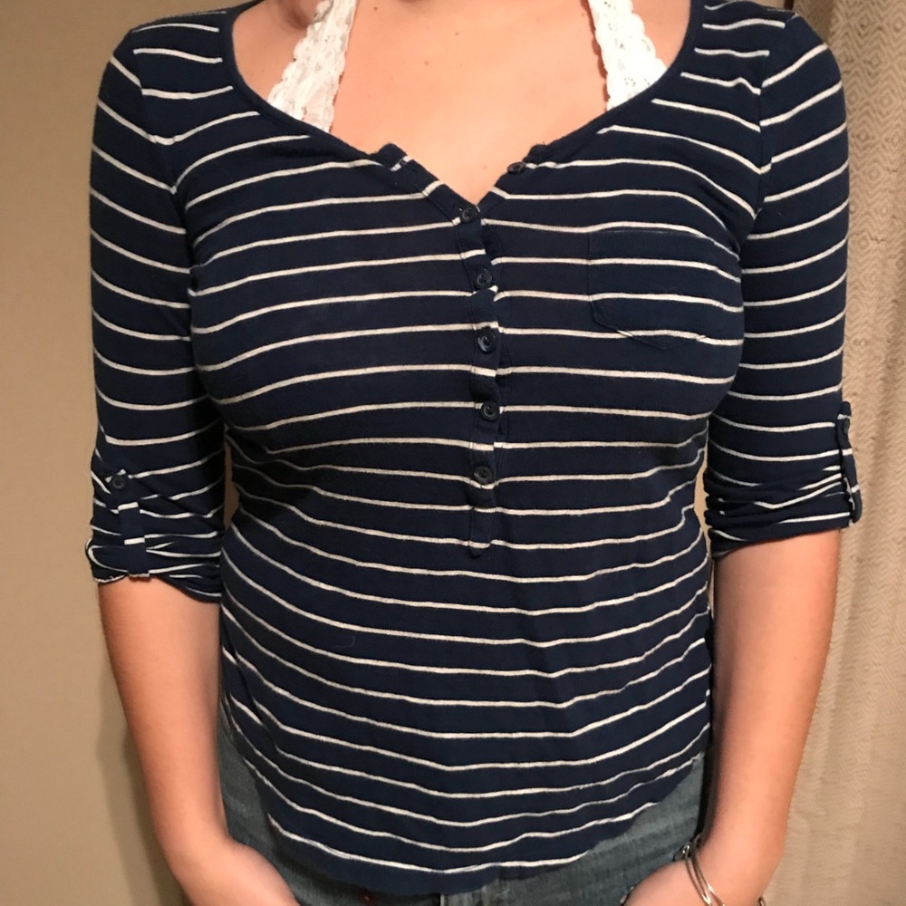 blue and white striped quarter sleeved shirt
